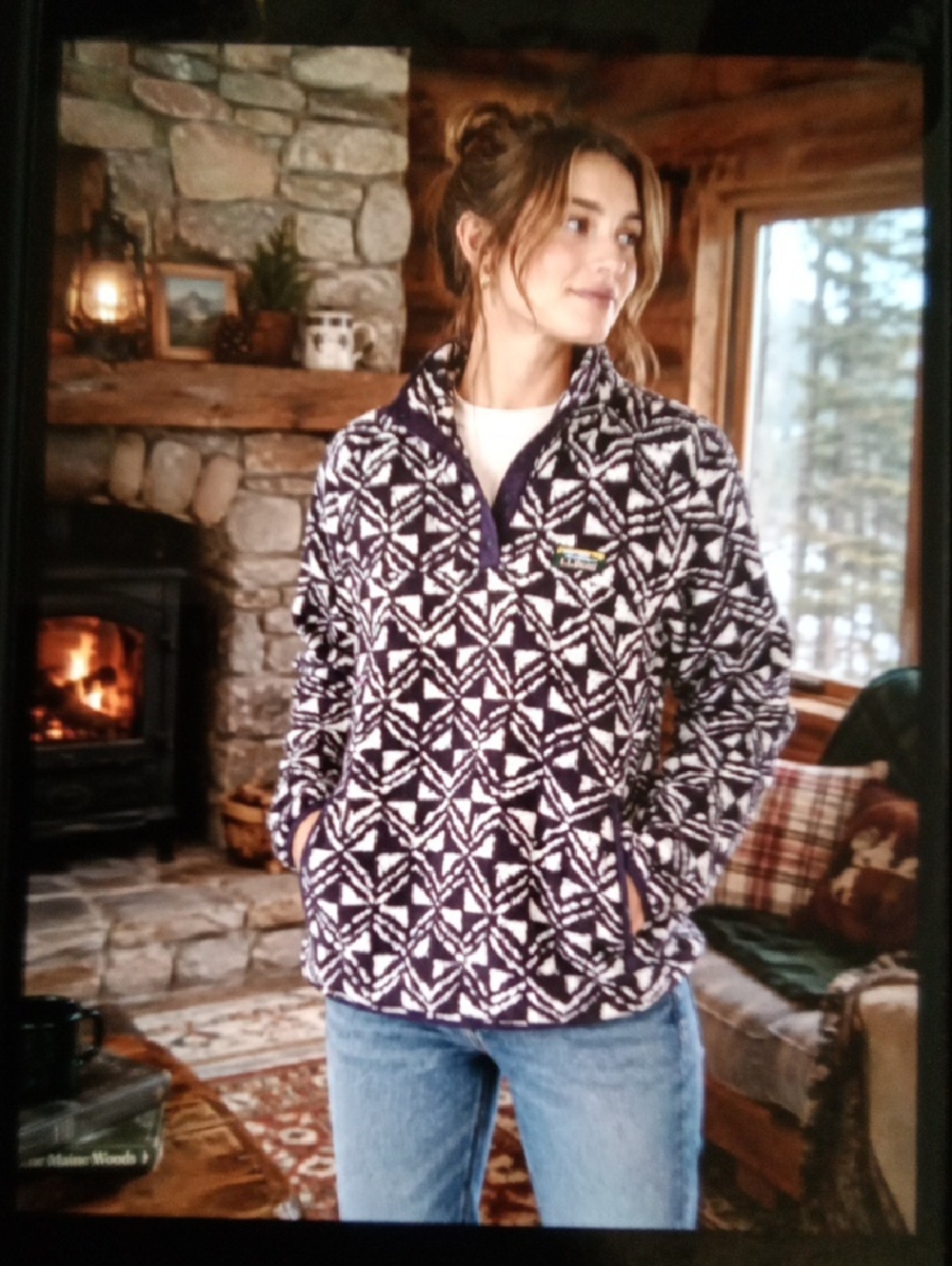 L.L.Bean & White Patterned Fleece Pullover Cabincore Gorpcore Womens L